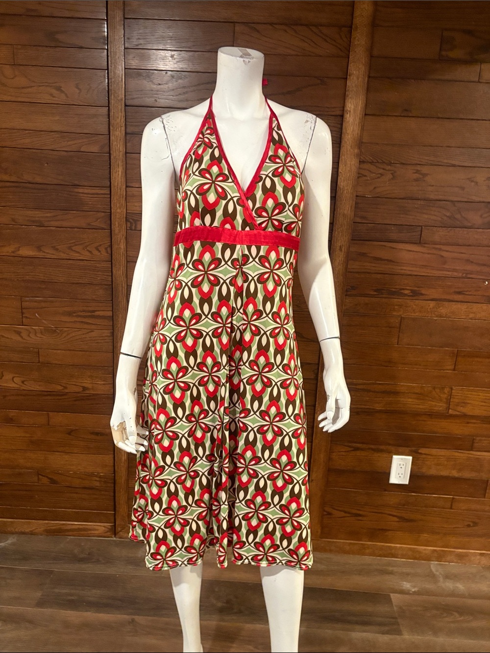 Halter Midi Dress in Red and Cream Floral Print